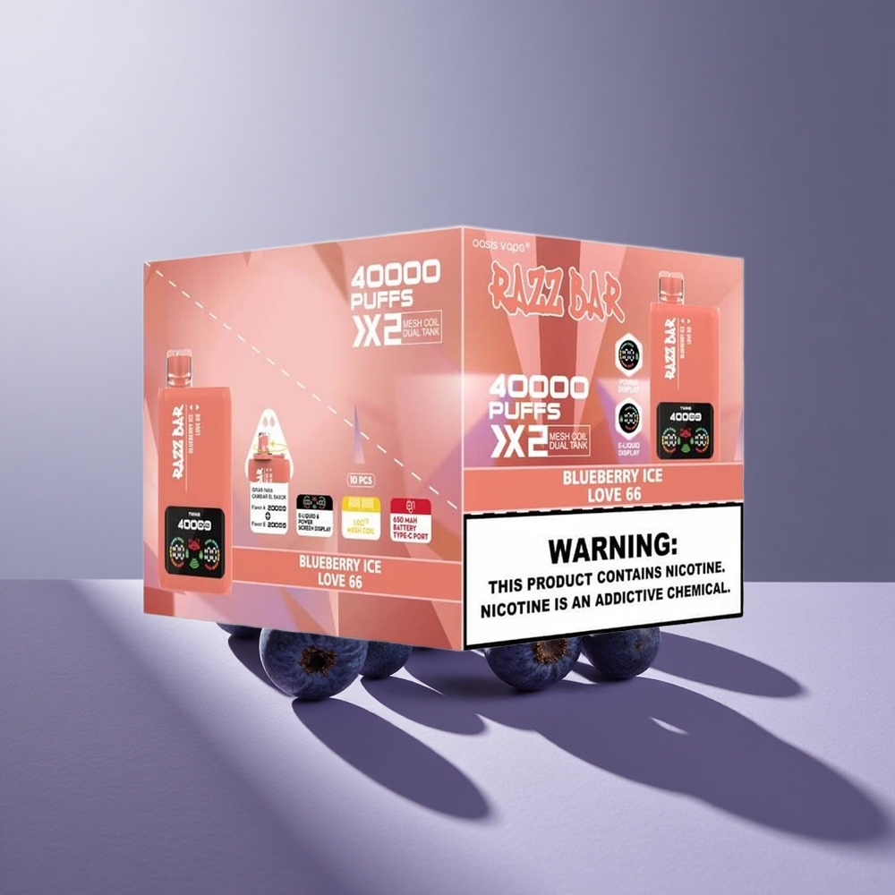 Razz Bar 40000 Puffs Wegwerp Vape Blauwe Bes Ijs_Love 66 met Schermweergave en Type-C Poort